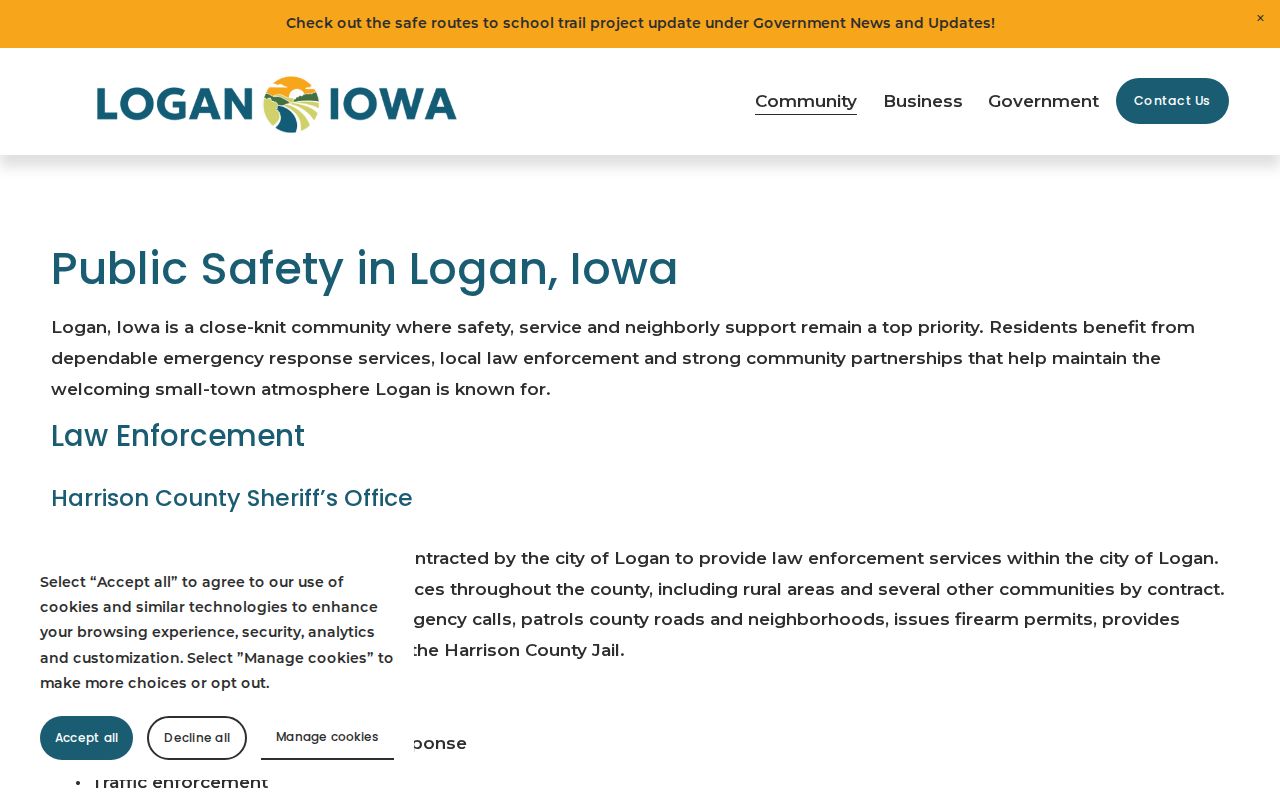 Logan Iowa public safety page documenting Harrison County Sheriff arrest-record service